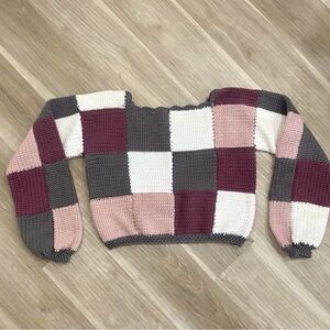 Vintage Crochet Handmade Sweater Patchwork Puff Sleeve Sweater Pink, Gray, White